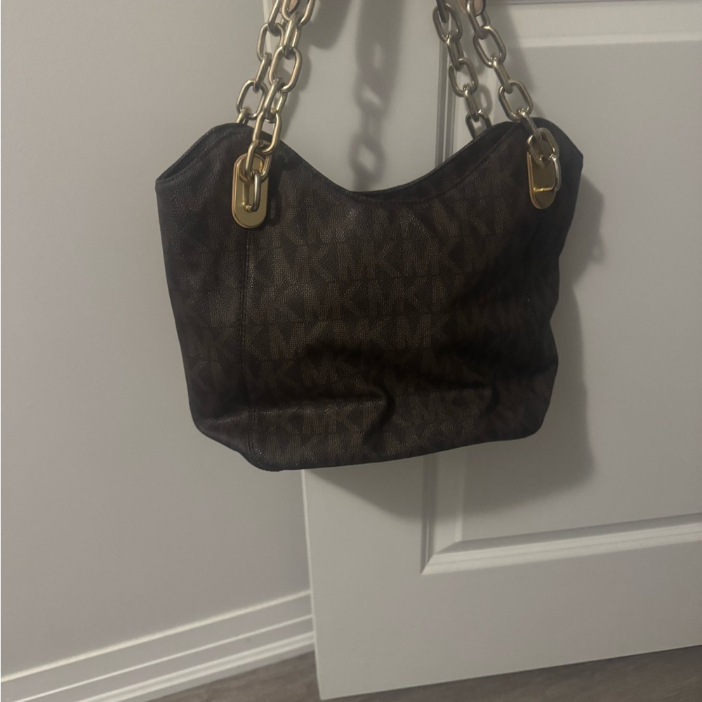 Michael Kors Dark Brown Shoulder Bag with Gold Chain & WALLET SET